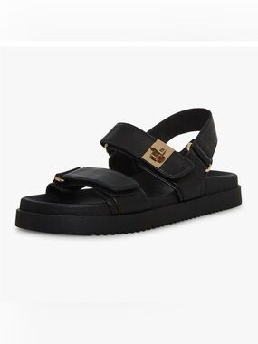 Steve Madden Black Leather Sport Sandals with Gold Hardware